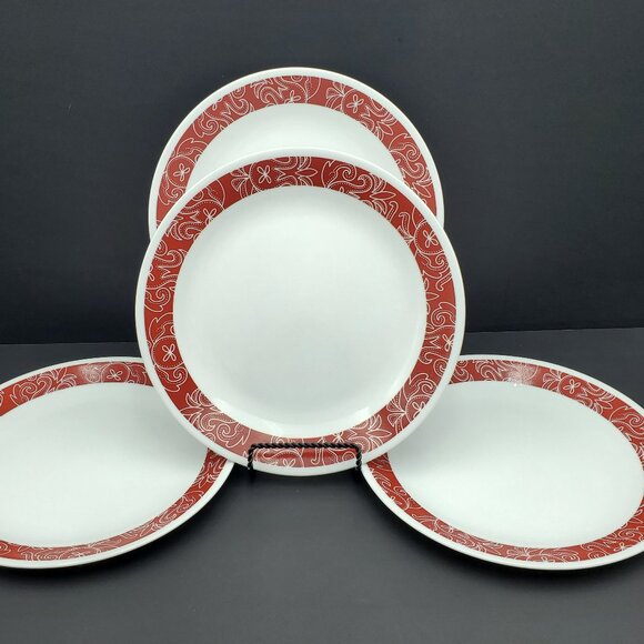 Corelle Bandhani Dinner Plates White Plates Dark Red Floral Bands - Picture 1 of 5